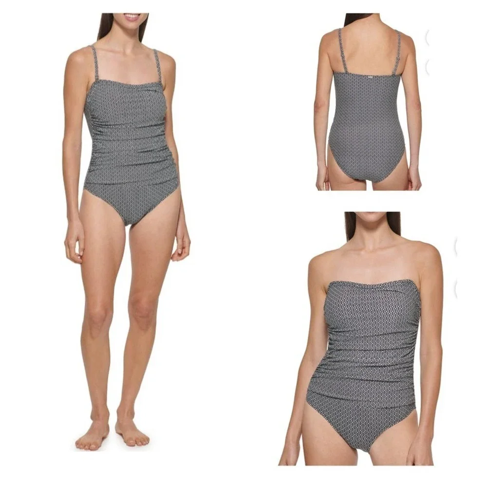 DKNY Swimsuit One Piece Black White Geo Small Bandeau UPF SPF Stretch Straps - Picture 2 of 7